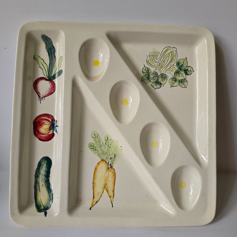 Japanese Ceramic Divided Serving Platter With Hand-Painted Vegetable Design